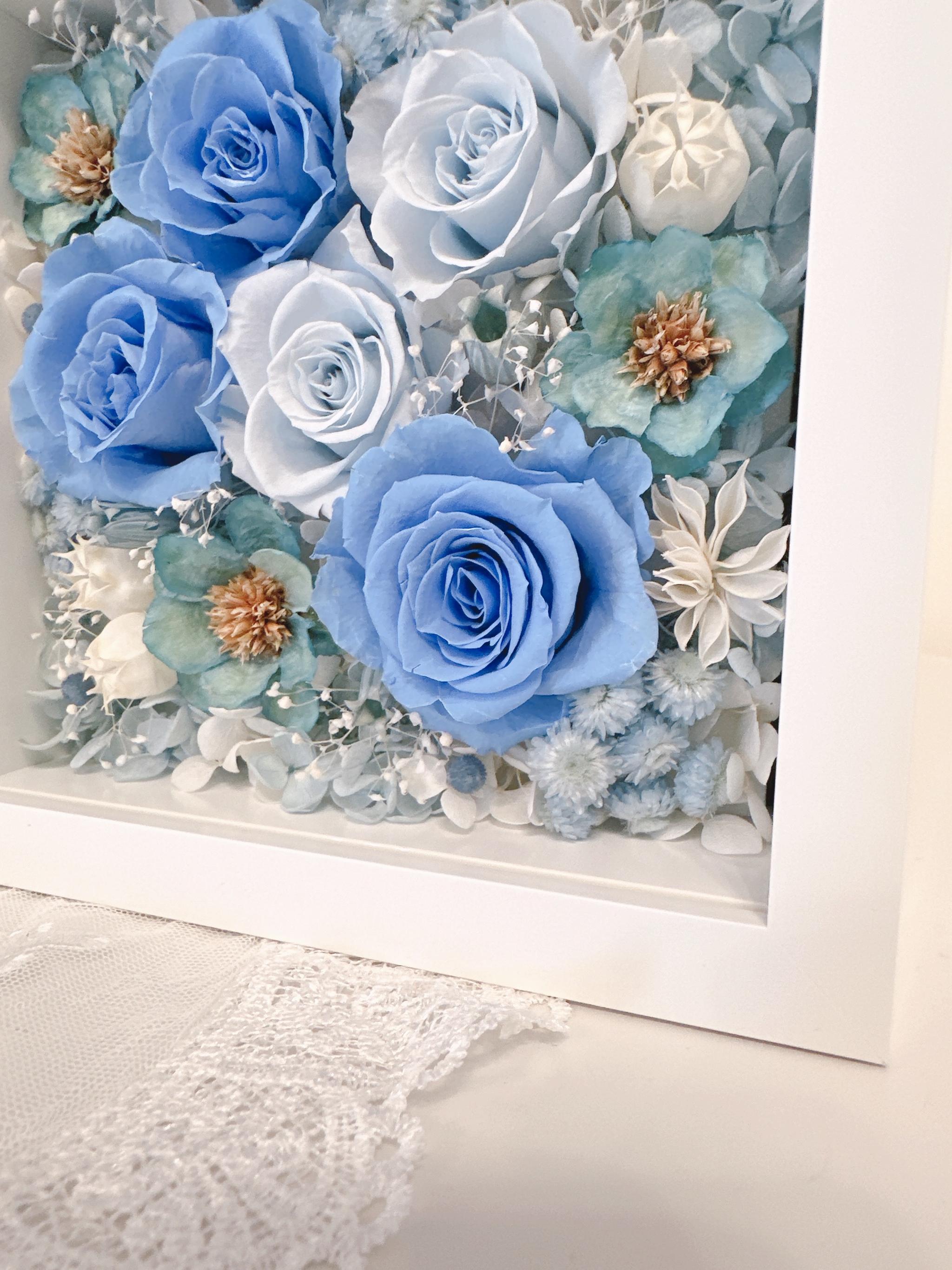 【出産祝い・男の子】フォトフレーム BOXアレンジ 写真立て バラ ブルー 青 結婚祝 誕生祝 記念日 ベビーギフト | 6枚目